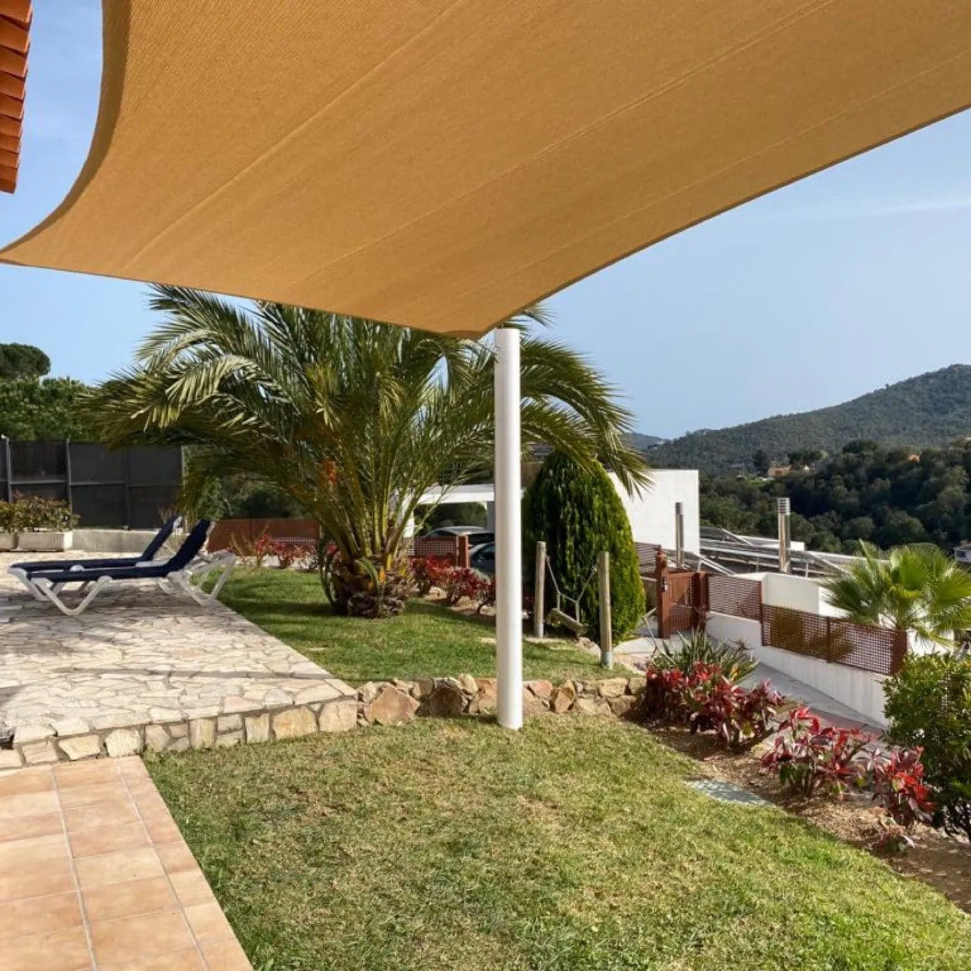 Toldo vela arena en un jardín con palmera